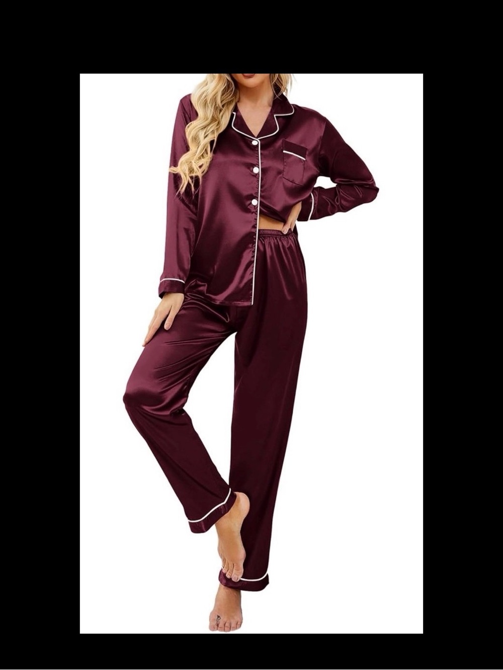 Women's Satin Pajama Set in Burgundy with Contrast Piping